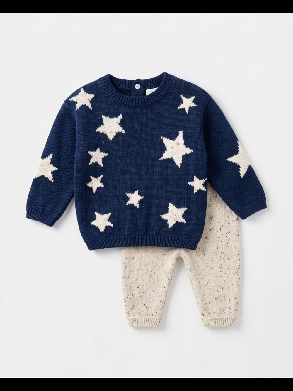 2 pcs Navy Star Knit Sweater Set with Cream Speckled Pants